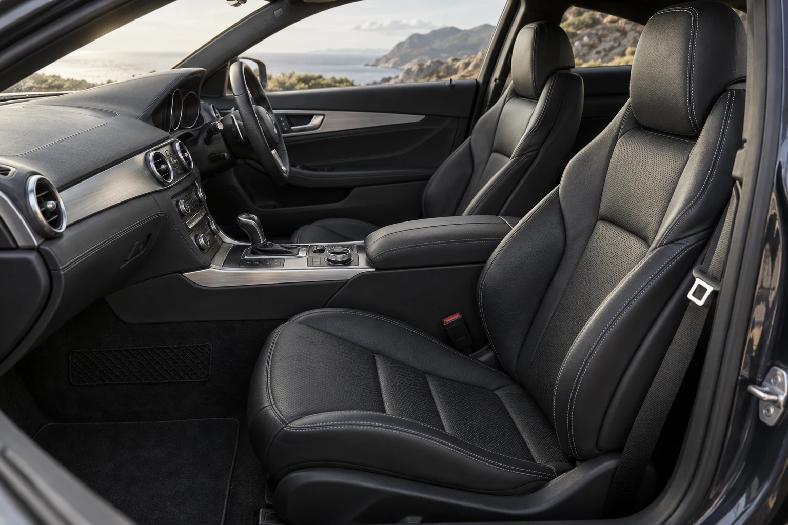 Illustrative black leather cabin and vehicle controls